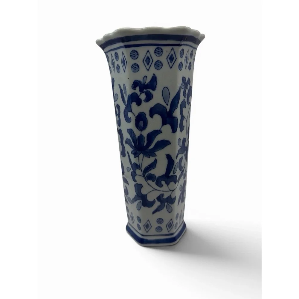 James Alex Imp. Porcelain Vase Blue & White Floral Hexagon 10